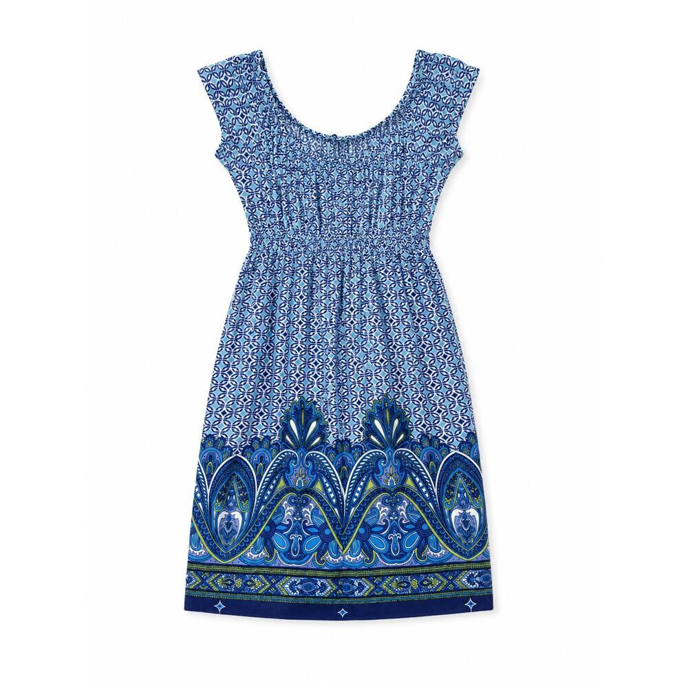 Tiana B. Smocked Paisley Border Print A Line Dress Blue - Picture 2 of 2